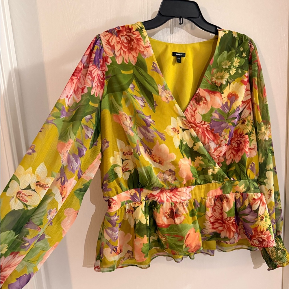 Express XL V-Neck Floral Yellow Faux Wrap Blouse